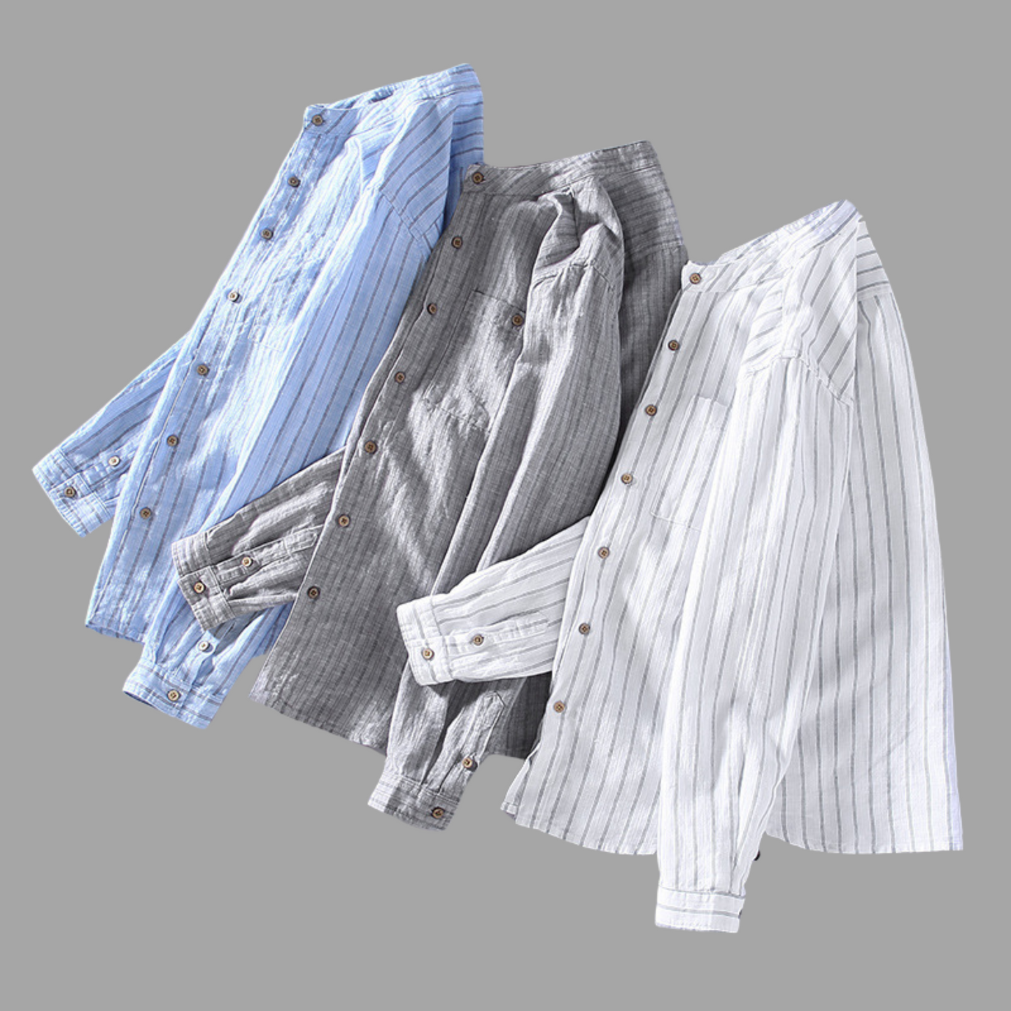 Striped Cotton-Linen Stand Collar Shirt