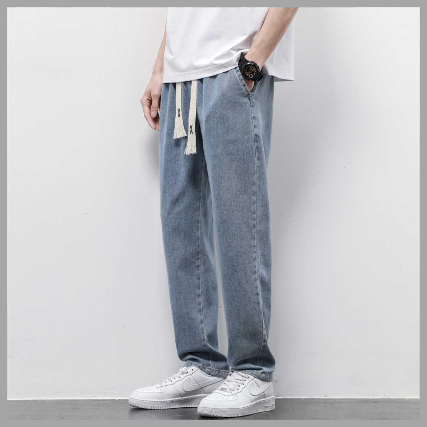 Loose-Fit Wide Leg Jeans - Drawstring Elasticated Straight Trousers