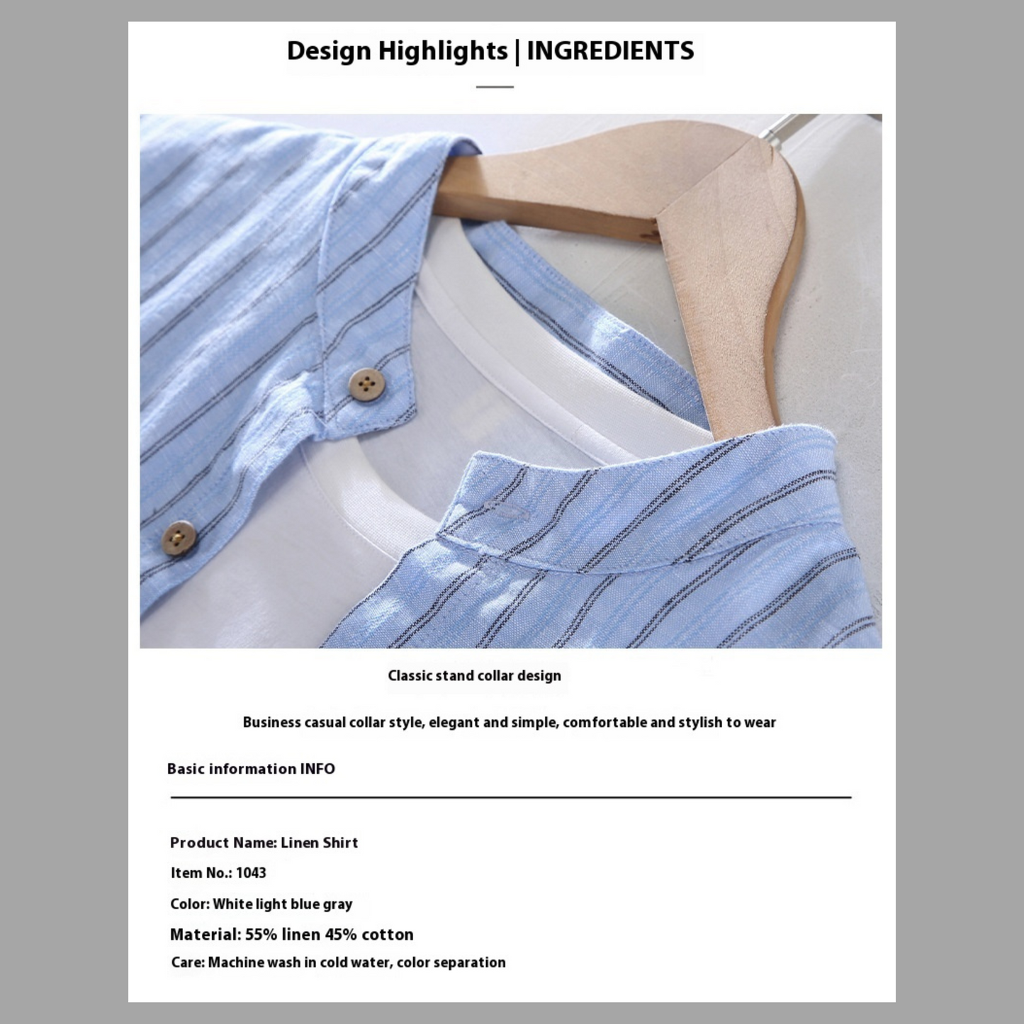 Striped Cotton-Linen Stand Collar Shirt