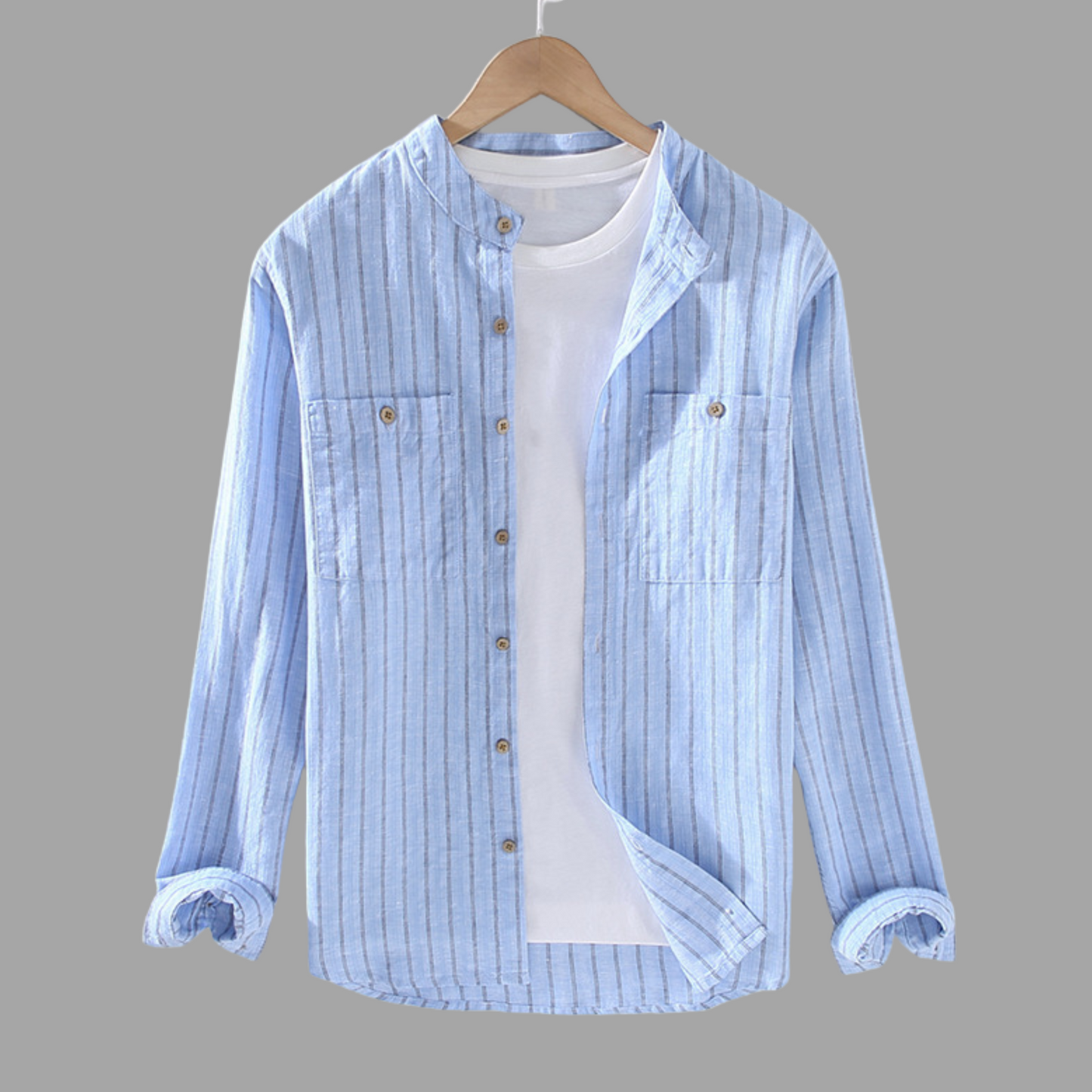 Striped Cotton-Linen Stand Collar Shirt