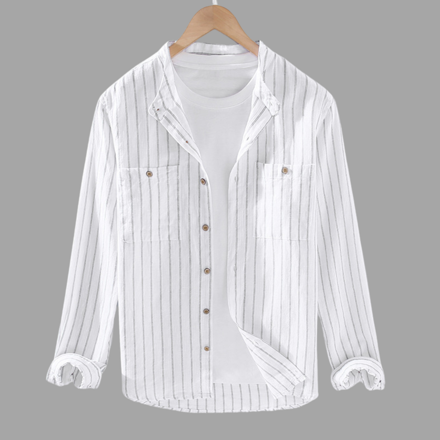 Striped Cotton-Linen Stand Collar Shirt