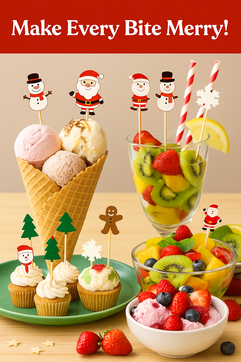 100 PCS Christmas Cupcake Toppers – Santa, Snowman, Tree & Gingerbread Picks for Holiday Party Decor