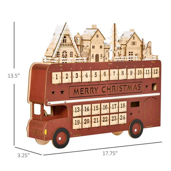 Wooden Christmas Advent Calendar Bus with LED Lights – 24 Day Countdown