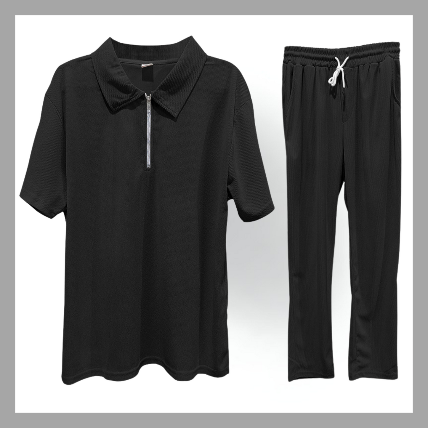 Solid Color Polo Collar T-Shirt & Trousers Set – Casual Leisurewear