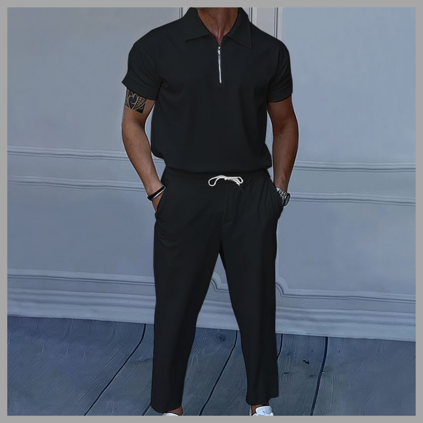 Solid Color Polo Collar T-Shirt & Trousers Set – Casual Leisurewear