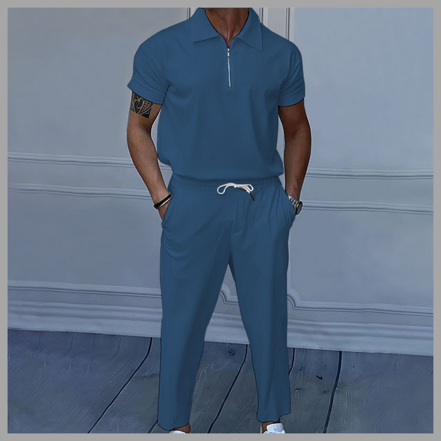 Solid Color Polo Collar T-Shirt & Trousers Set – Casual Leisurewear