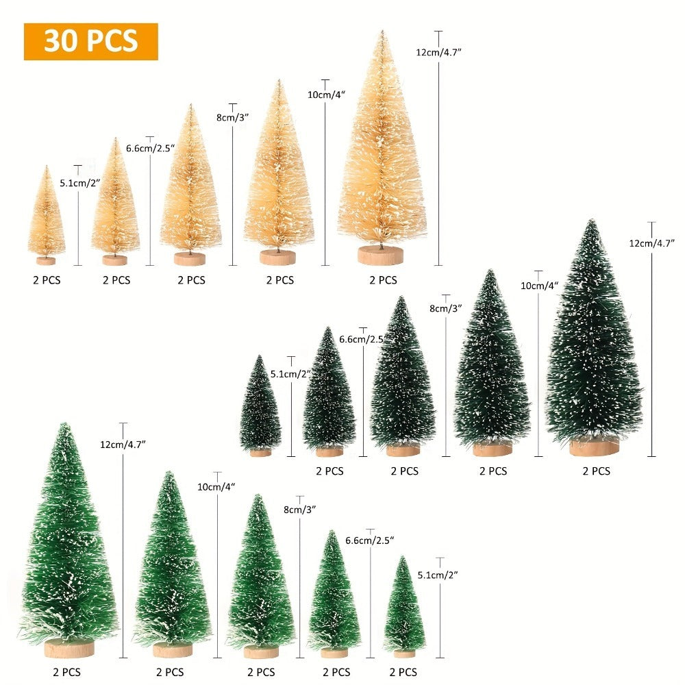 15/30 PCS Mini Christmas Trees – Snow Flocked Bottle Brush Trees with Wooden Base