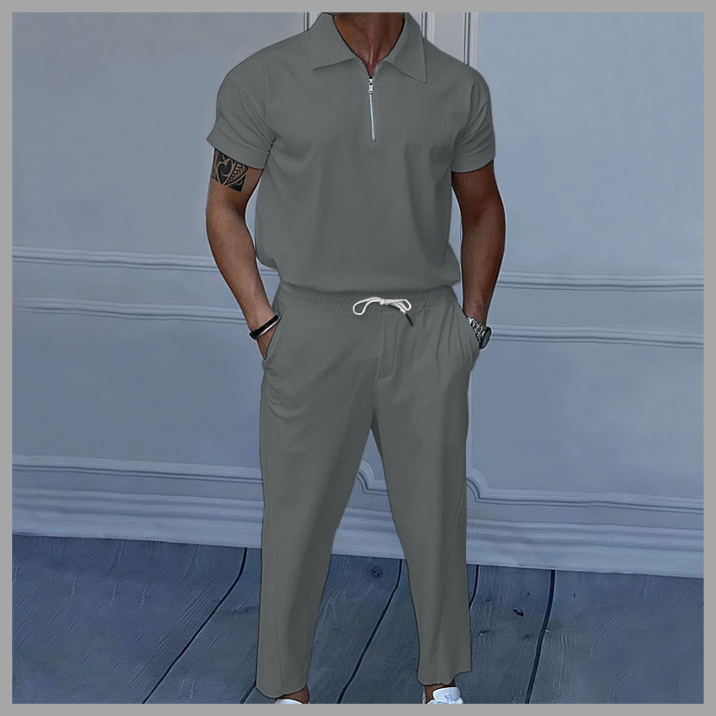 Solid Color Polo Collar T-Shirt & Trousers Set – Casual Leisurewear