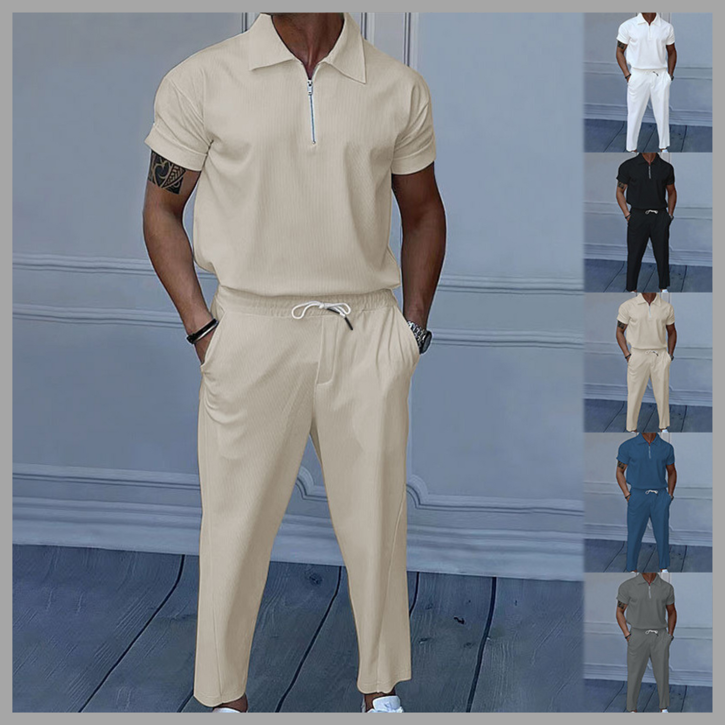 Solid Color Polo Collar T-Shirt & Trousers Set – Casual Leisurewear