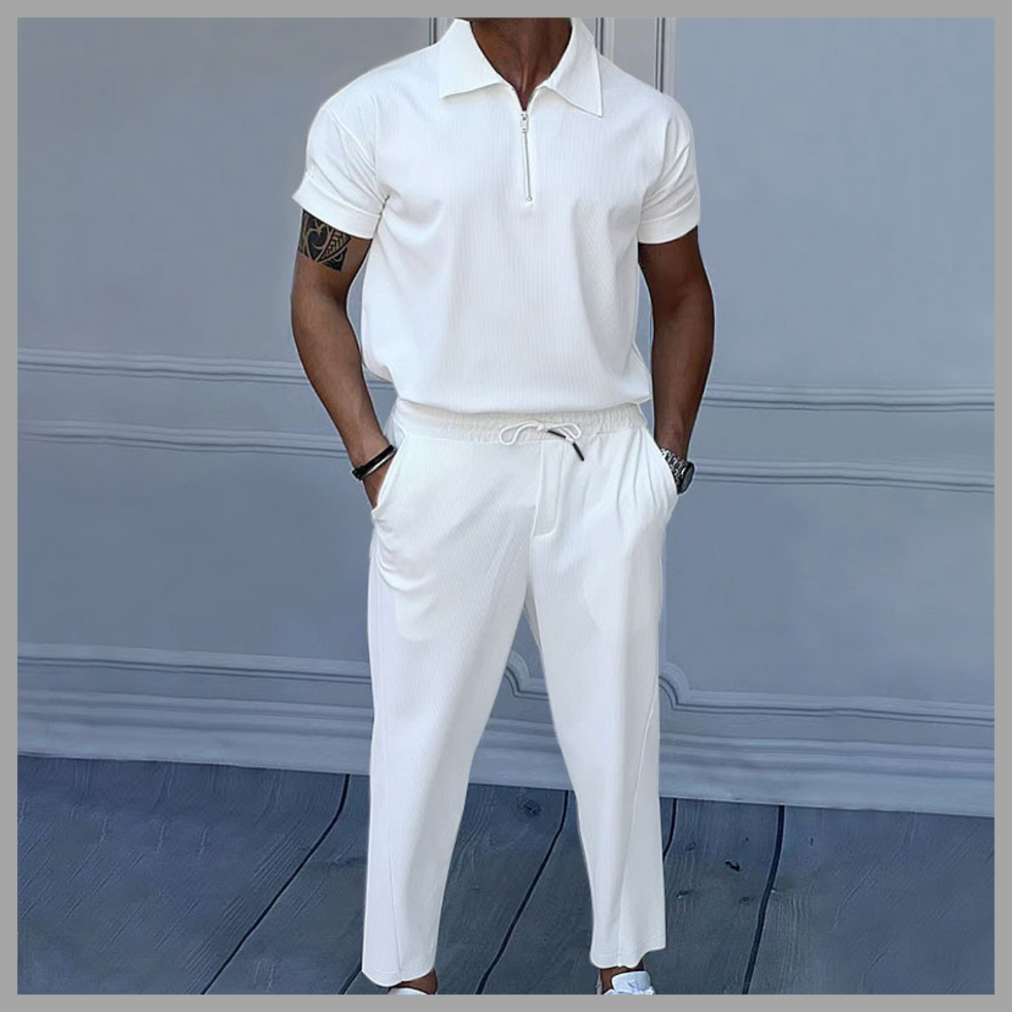 Solid Color Polo Collar T-Shirt & Trousers Set – Casual Leisurewear