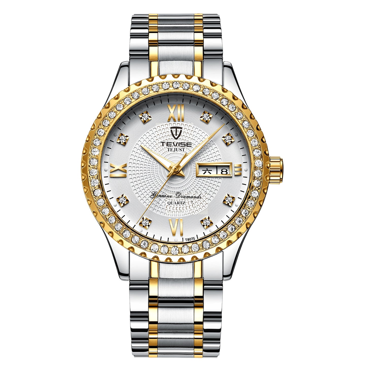 Couple Quartz Watches - Gold Minimalist Design with Diamonds, Stainless Steel Strap