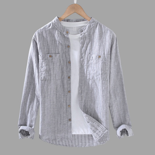 Striped Cotton-Linen Stand Collar Shirt