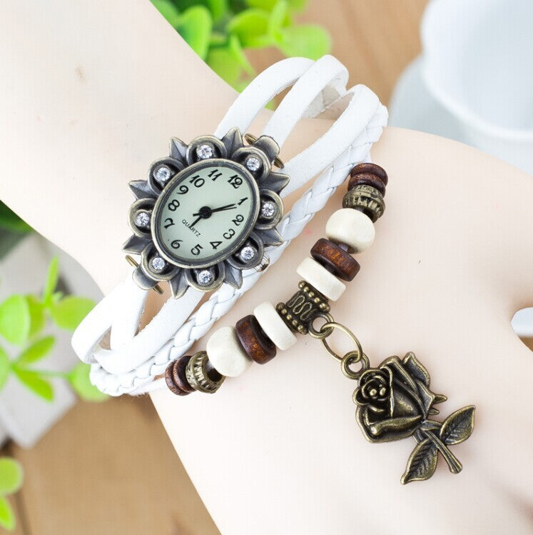 Women's Bracelet Watch – Leather-Wrapped Strap with Butterfly Pendant