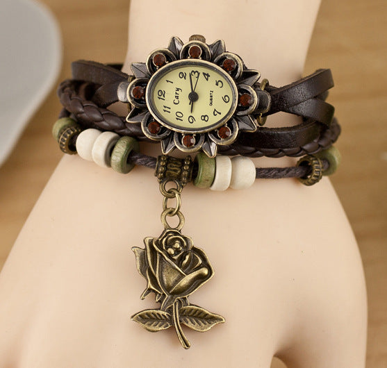 Women's Bracelet Watch – Leather-Wrapped Strap with Butterfly Pendant