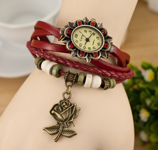 Women's Bracelet Watch – Leather-Wrapped Strap with Butterfly Pendant