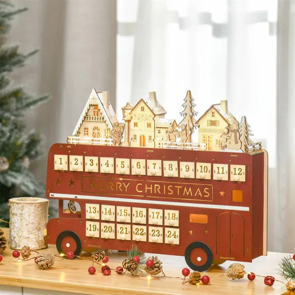 Wooden Christmas Advent Calendar Bus with LED Lights – 24 Day Countdown