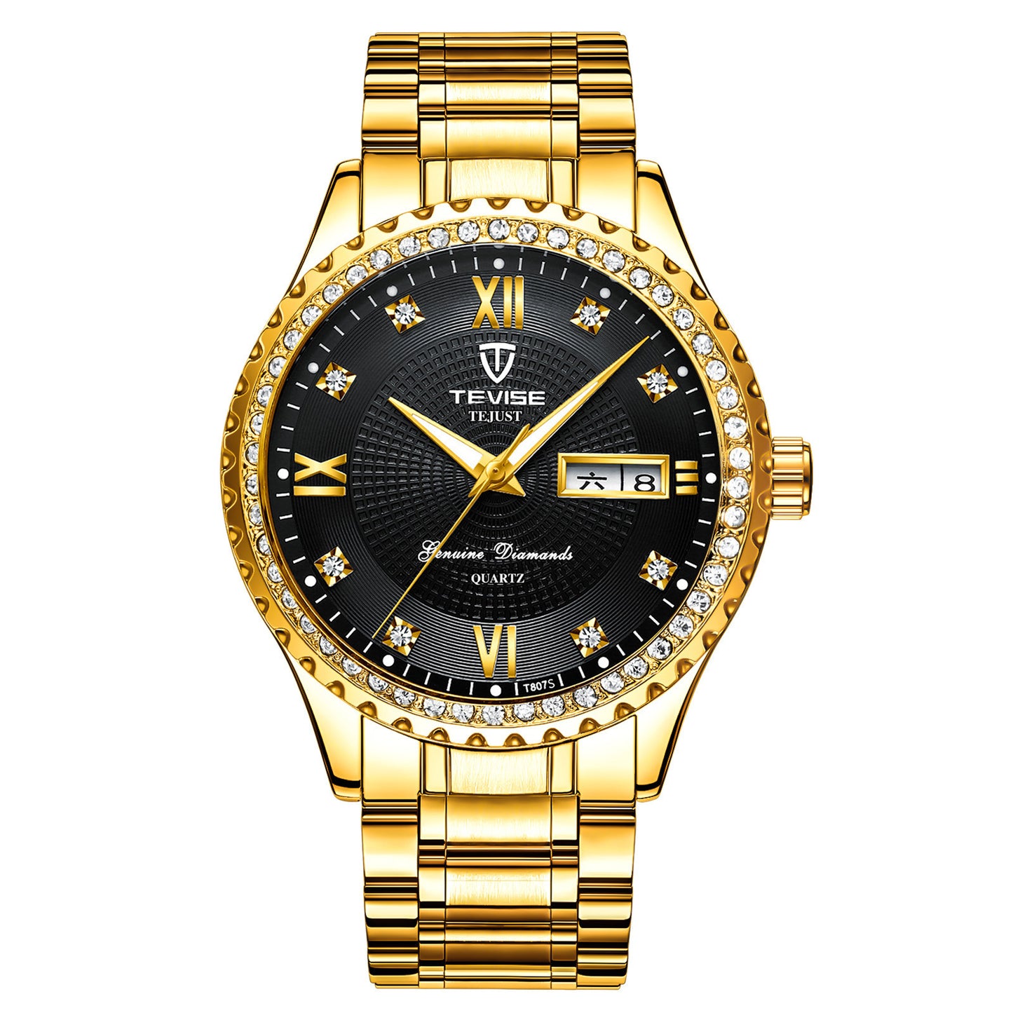 Couple Quartz Watches - Gold Minimalist Design with Diamonds, Stainless Steel Strap
