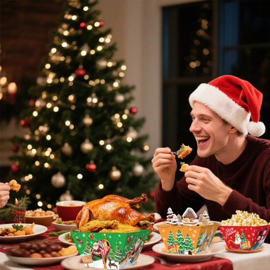 12 Pcs Christmas Paper Food Tray Tree Santa Gingerbread Elk Pattern Snack Bowl Xmas Party Disposable Paper Serving Tray Cute Popcorn Hot Dog Candy Container Boat For Winter Xmas Carnivals Decorations