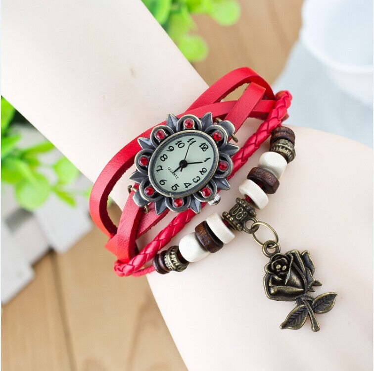 Women's Bracelet Watch – Leather-Wrapped Strap with Butterfly Pendant