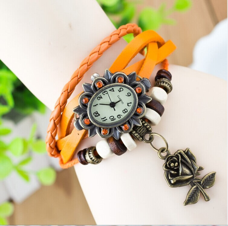 Women's Bracelet Watch – Leather-Wrapped Strap with Butterfly Pendant
