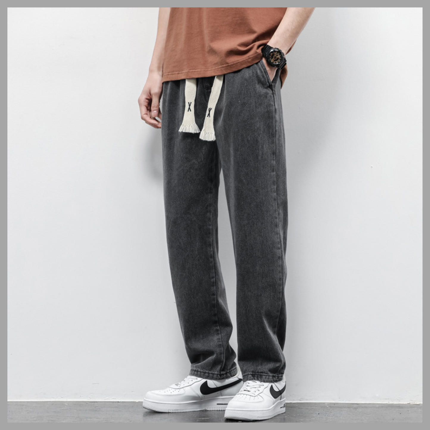 Loose-Fit Wide Leg Jeans - Drawstring Elasticated Straight Trousers