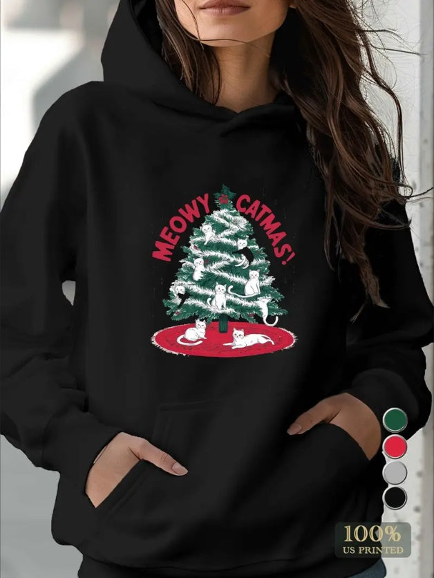Christmas MEOWY CATMAS Print Kangaroo Pocket Hoodie, Casual Long Sleeve Hooded Sweatshirt, Women's Clothing