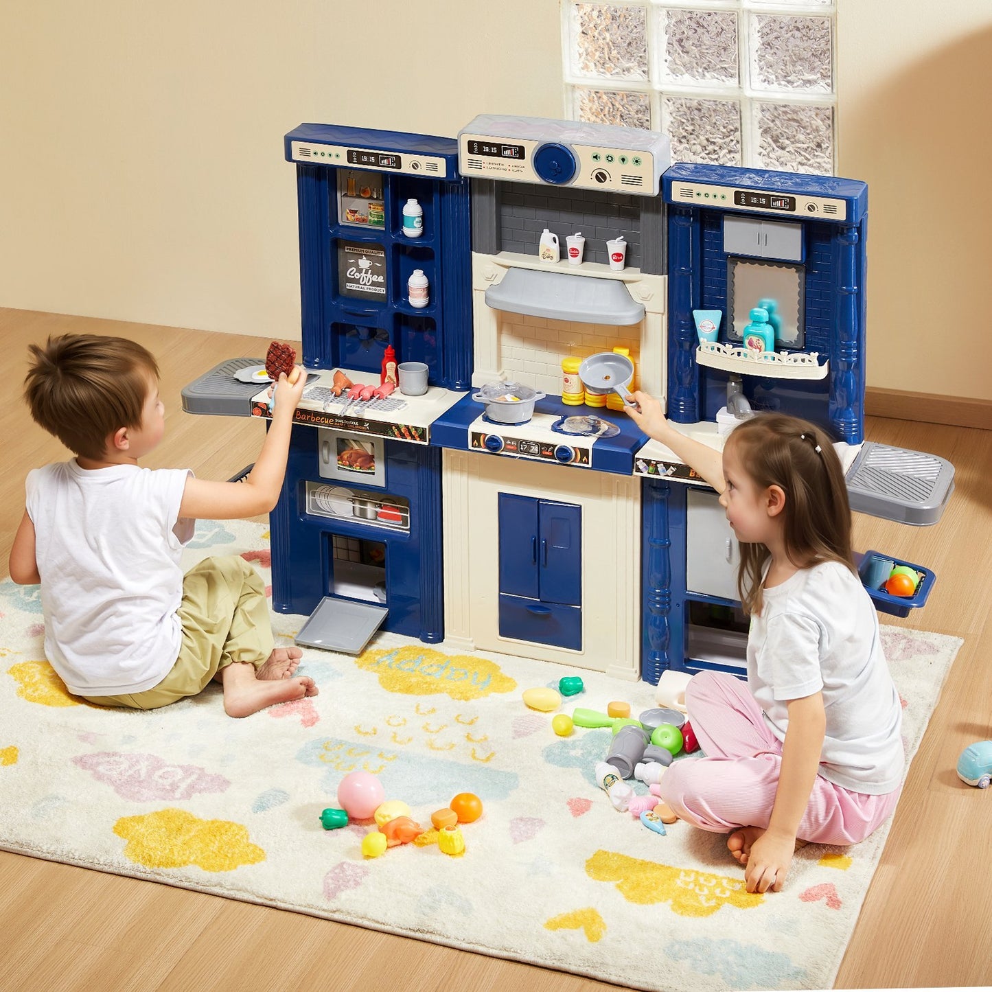Christmas Gift VEVOR Kitchen Playset Kids Pretend Cooking Play Toy 74 Piece Accessories Blue