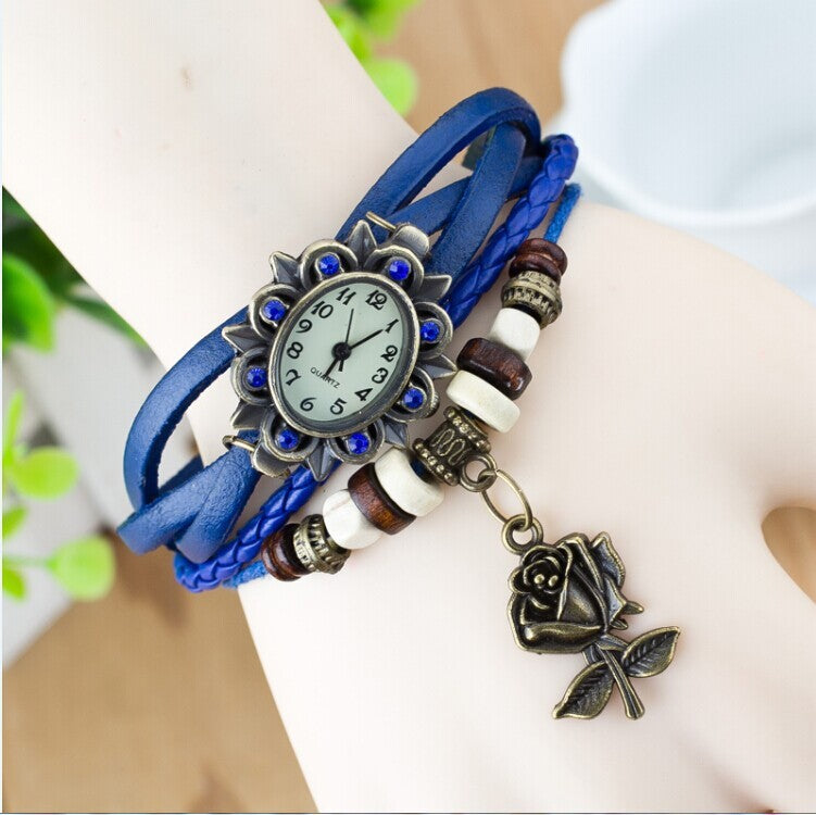 Women's Bracelet Watch – Leather-Wrapped Strap with Butterfly Pendant