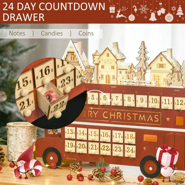 Wooden Christmas Advent Calendar Bus with LED Lights – 24 Day Countdown