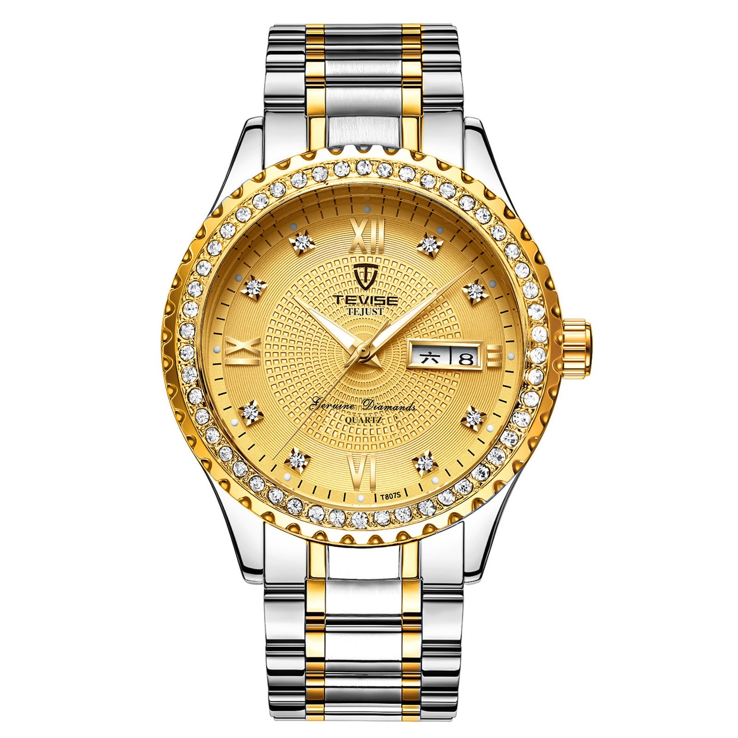 Couple Quartz Watches - Gold Minimalist Design with Diamonds, Stainless Steel Strap