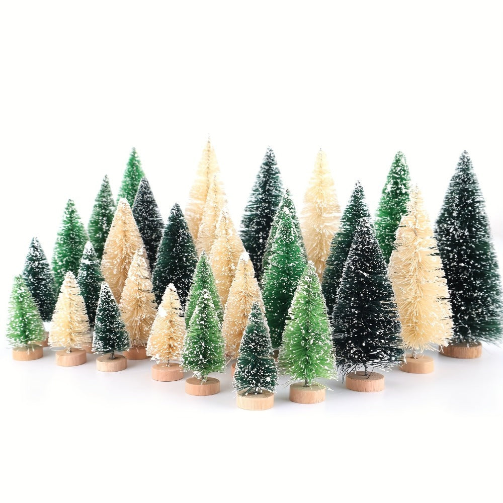 15/30 PCS Mini Christmas Trees – Snow Flocked Bottle Brush Trees with Wooden Base