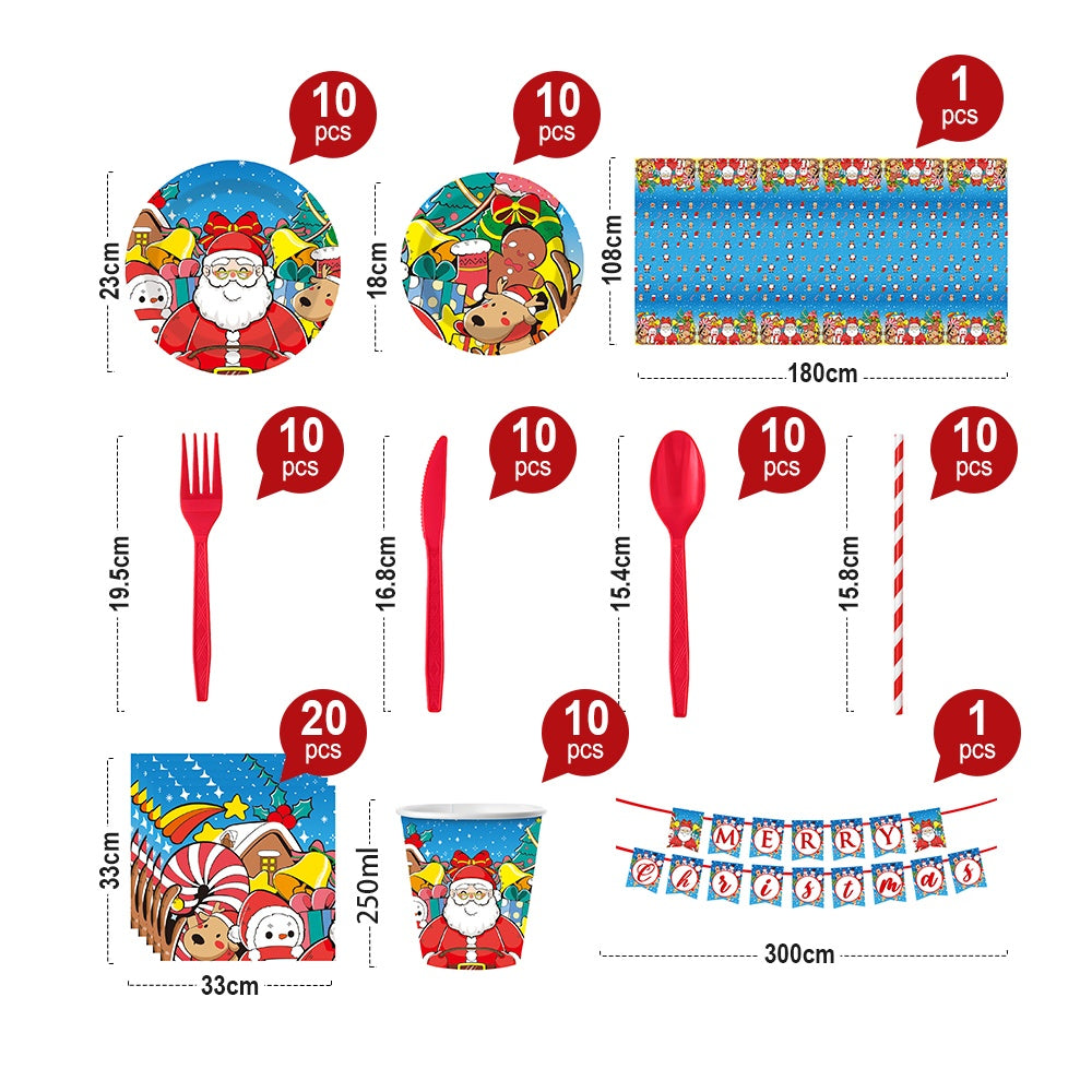 Kids Christmas Dinnerware Set – Disposable Tableware with Plates, Cups, Cutlery, Straws, Napkins & Banner – Santa & Reindeer Holiday Party Supplies