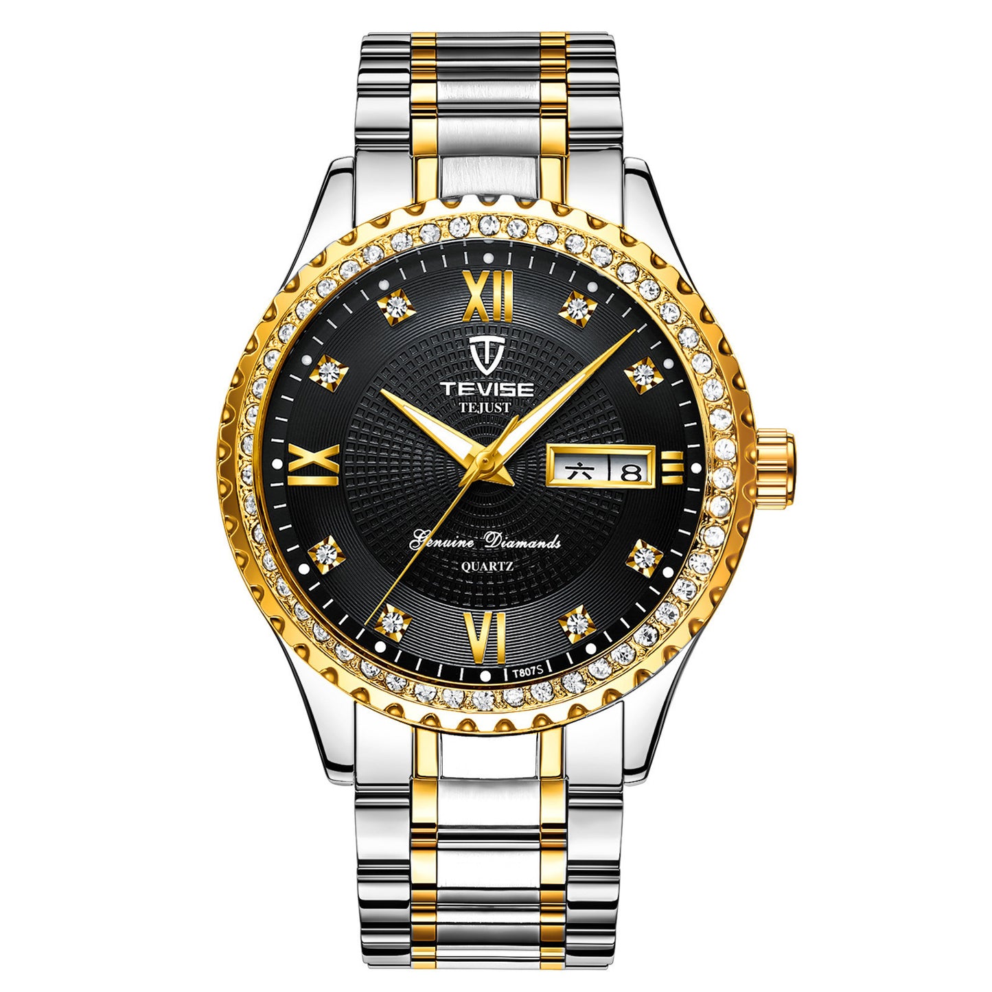Couple Quartz Watches - Gold Minimalist Design with Diamonds, Stainless Steel Strap