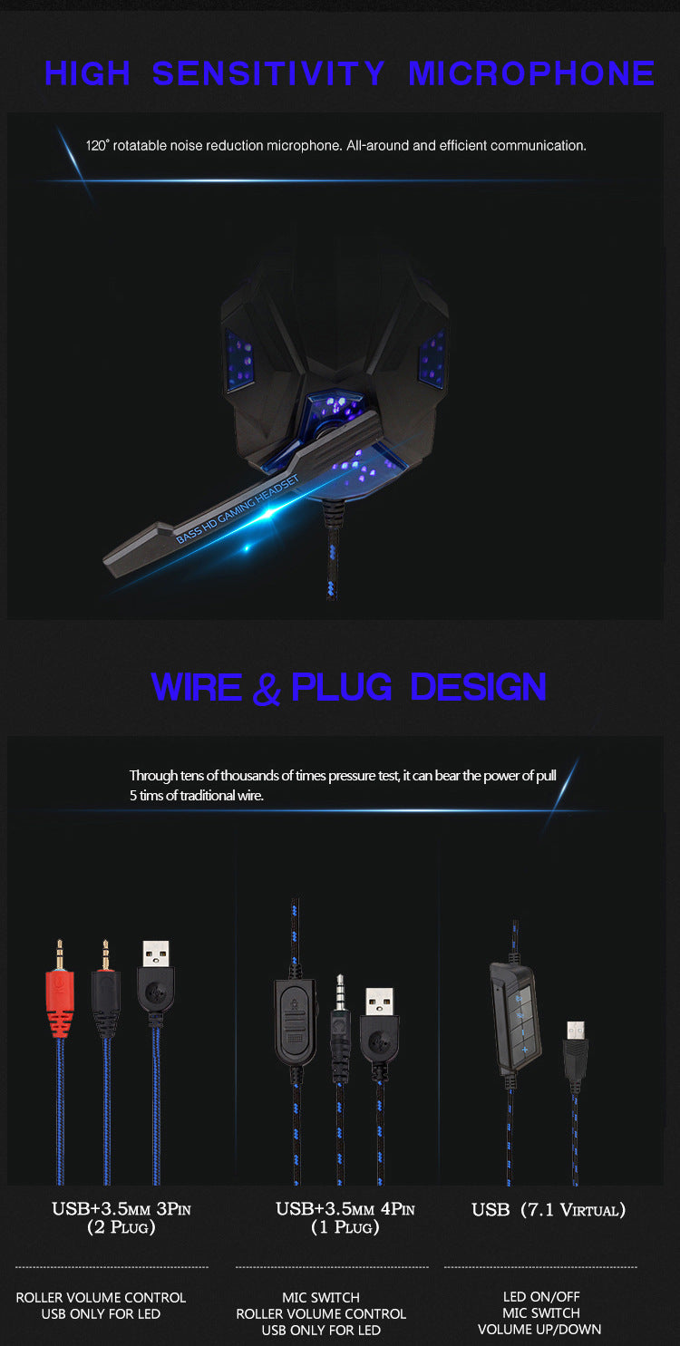Luminous Gaming Headset with Microphone, Wired 3.5mm & USB Connectivity