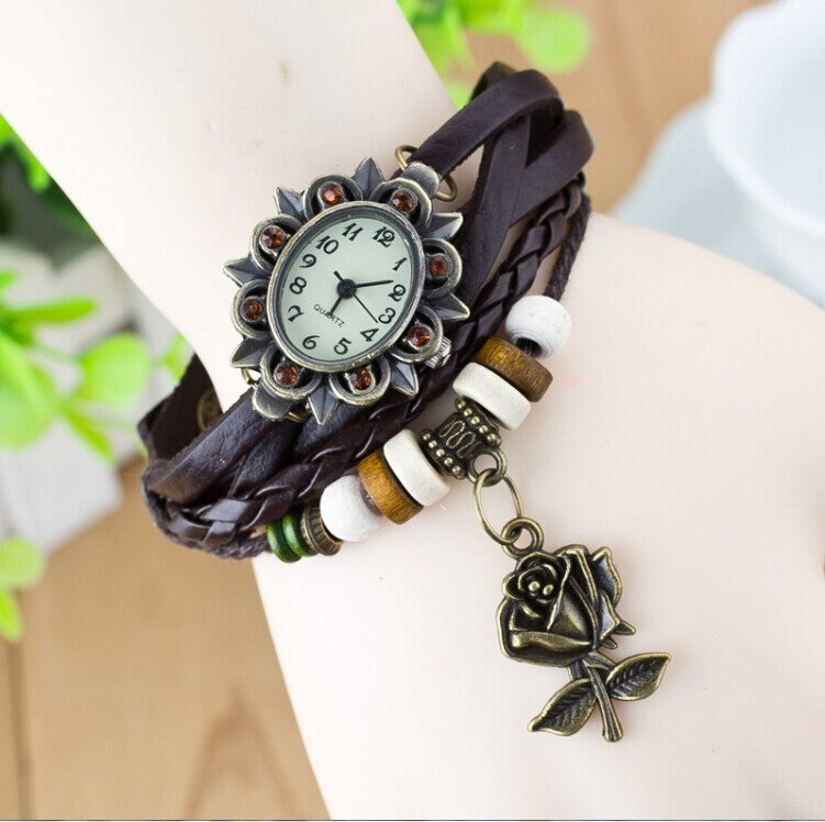 Women's Bracelet Watch – Leather-Wrapped Strap with Butterfly Pendant