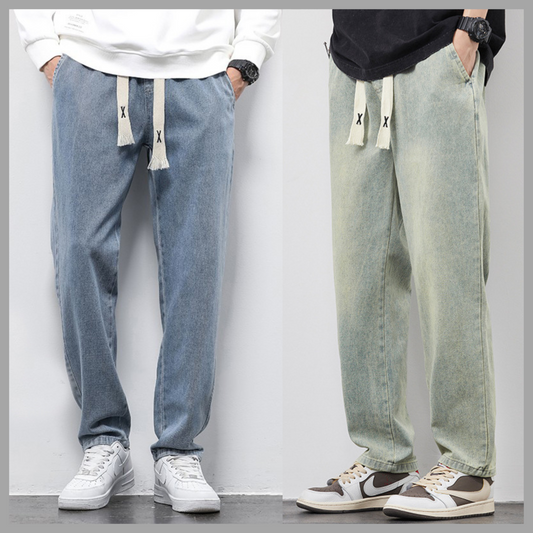Loose-Fit Wide Leg Jeans - Drawstring Elasticated Straight Trousers