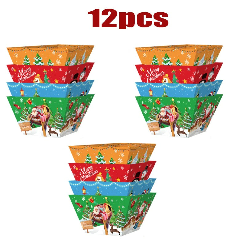 12 Pcs Christmas Paper Food Tray Tree Santa Gingerbread Elk Pattern Snack Bowl Xmas Party Disposable Paper Serving Tray Cute Popcorn Hot Dog Candy Container Boat For Winter Xmas Carnivals Decorations