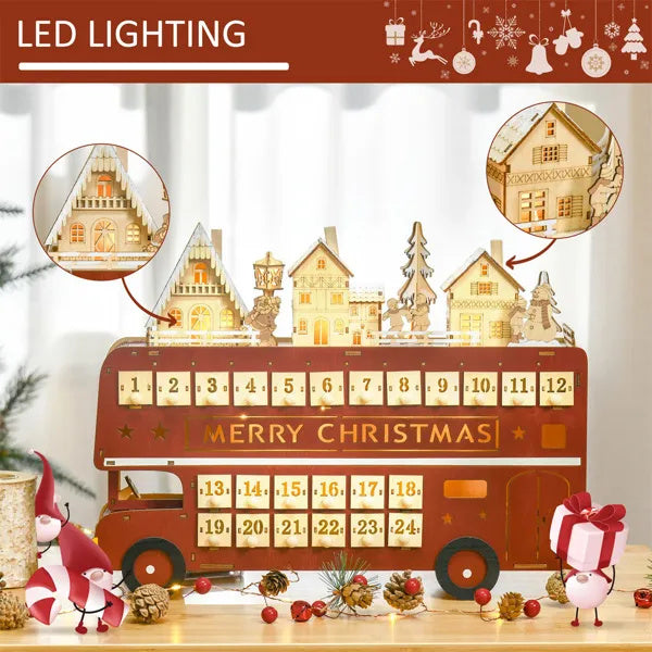 Wooden Christmas Advent Calendar Bus with LED Lights – 24 Day Countdown