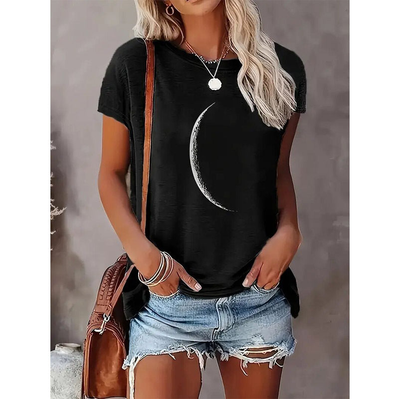 Women's Casual Short Sleeve T-Shirt Crescent Moon Graphic Print Round Neck Summer Top