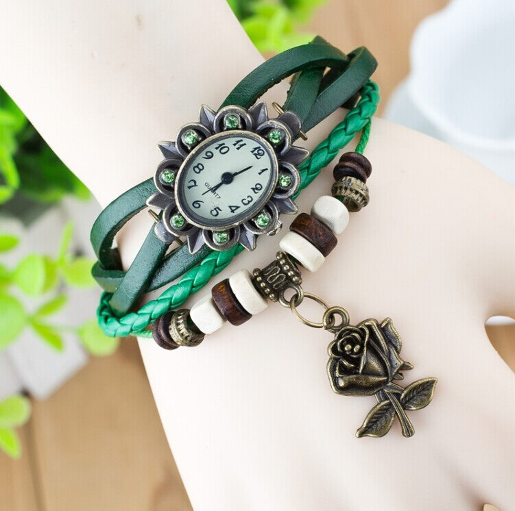 Women's Bracelet Watch – Leather-Wrapped Strap with Butterfly Pendant