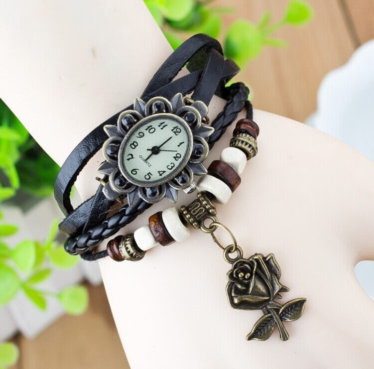 Women's Bracelet Watch – Leather-Wrapped Strap with Butterfly Pendant