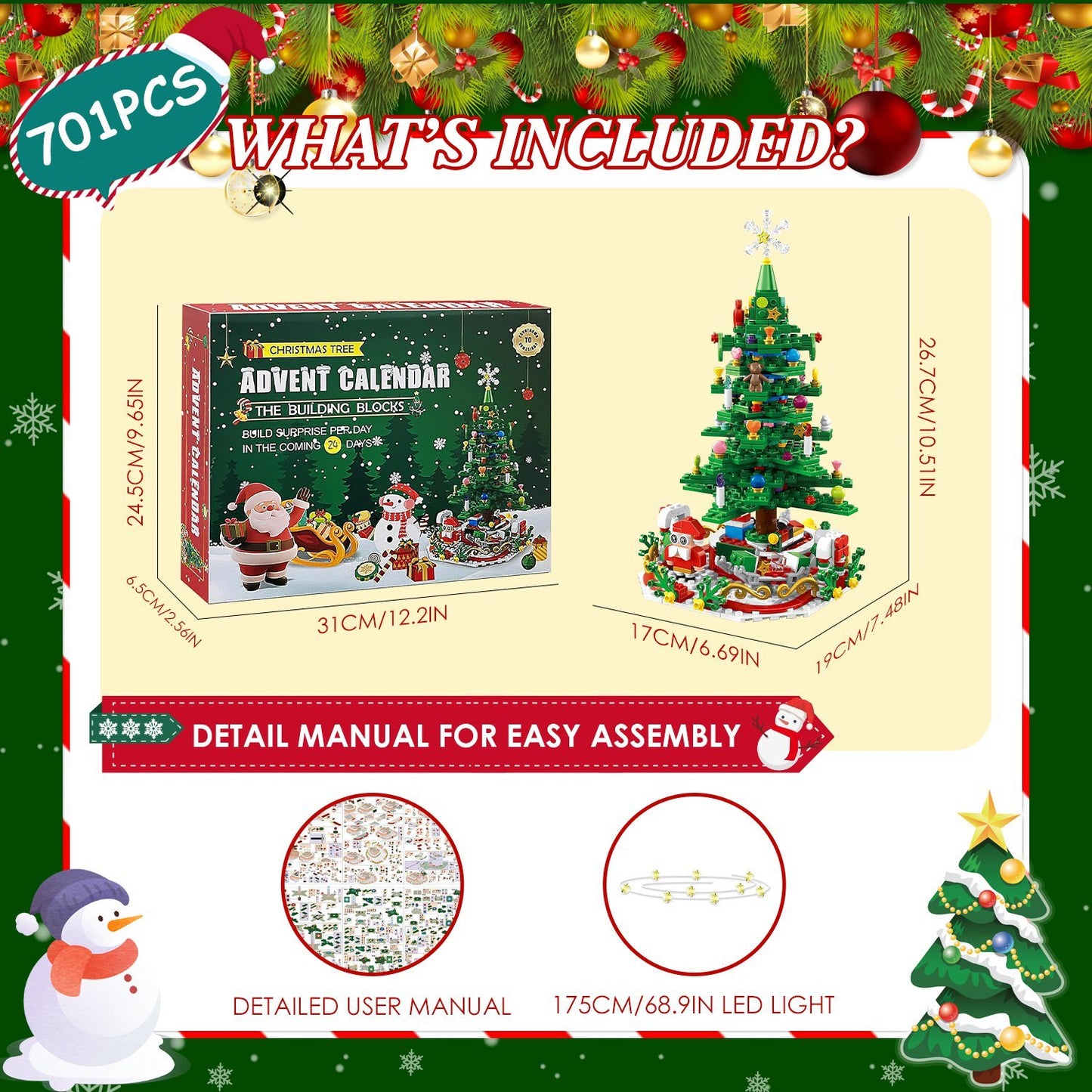 Christmas Tree Advent Calendar Building Blocks – 24-Day Countdown with LED Lights, Holiday Toy Gift for Kids