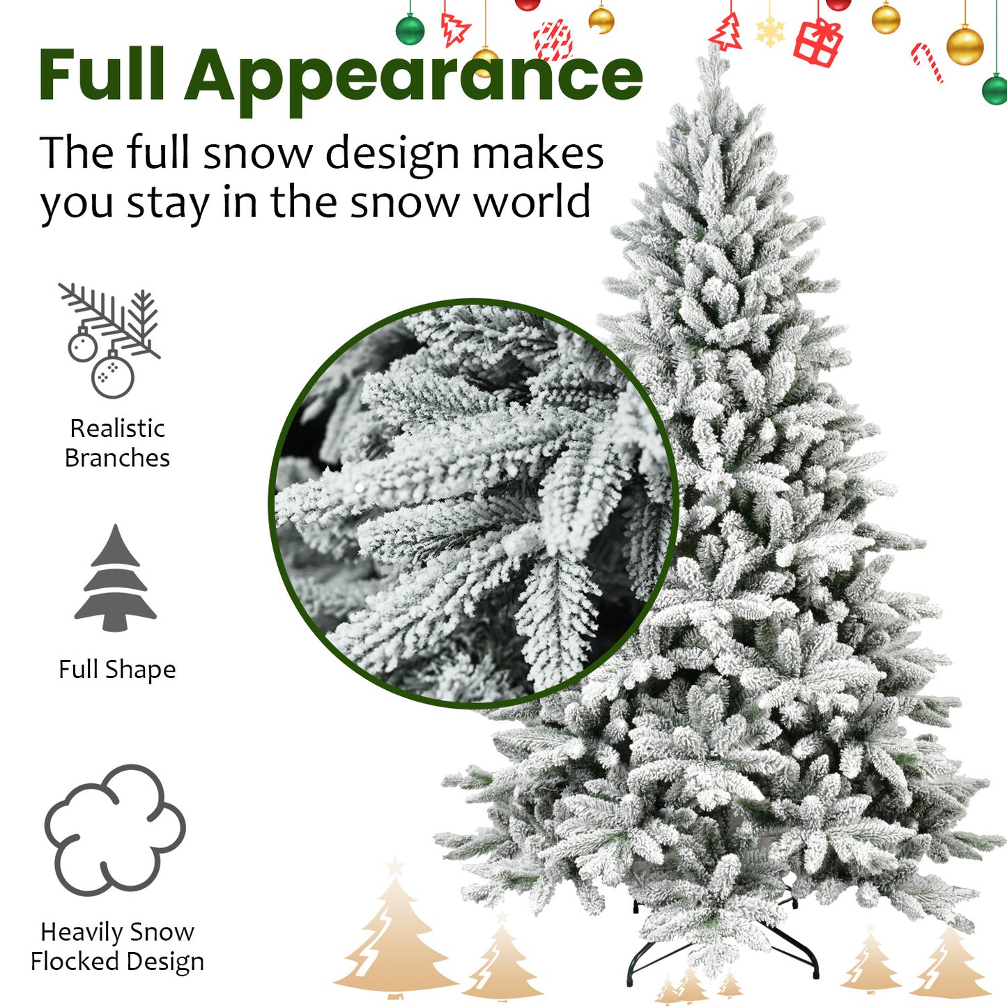 Snow Flocked Artificial Christmas Tree – Full Branches, Holiday Decor