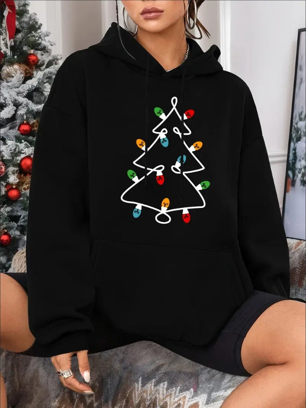 Christmas Tree Lights Hoodie – Cute Holiday Sweatshirt for Women | Cozy Black Christmas Hoodie | Festive Winter Outfit & Gift Idea