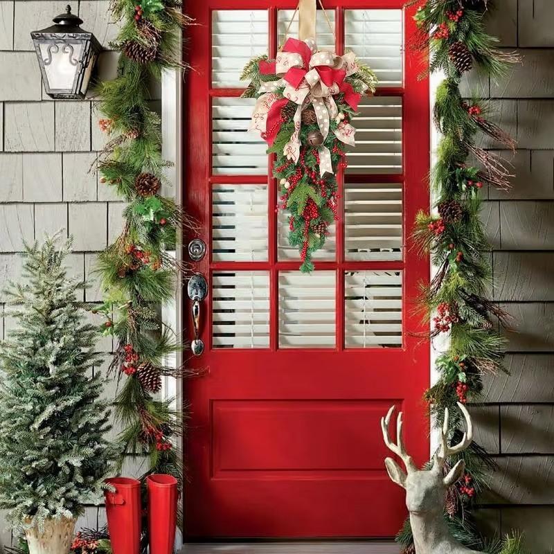 A Christmas Door Hanging Christmas Decorations Holiday Accessories Birthday Party Supplies Christmas Wall Swag with Bows, Bells & Red Berries