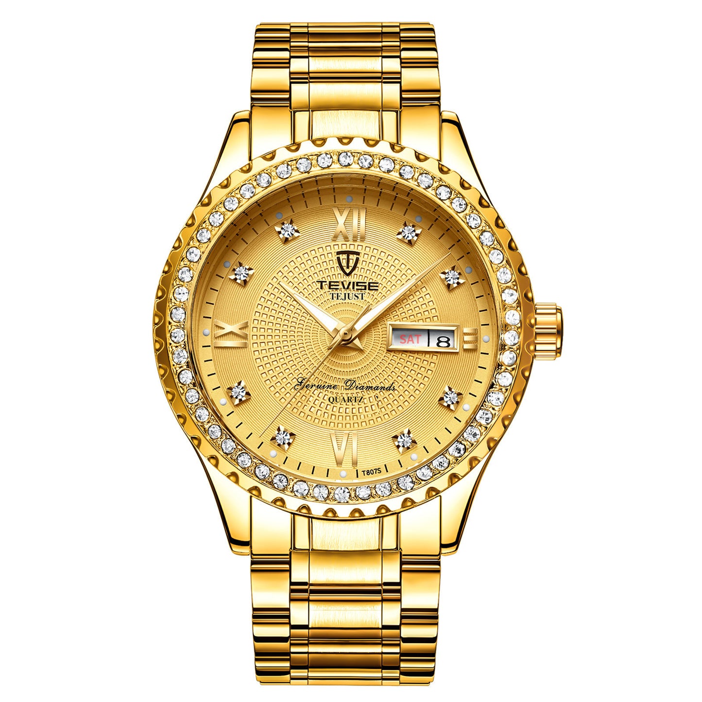 Couple Quartz Watches - Gold Minimalist Design with Diamonds, Stainless Steel Strap