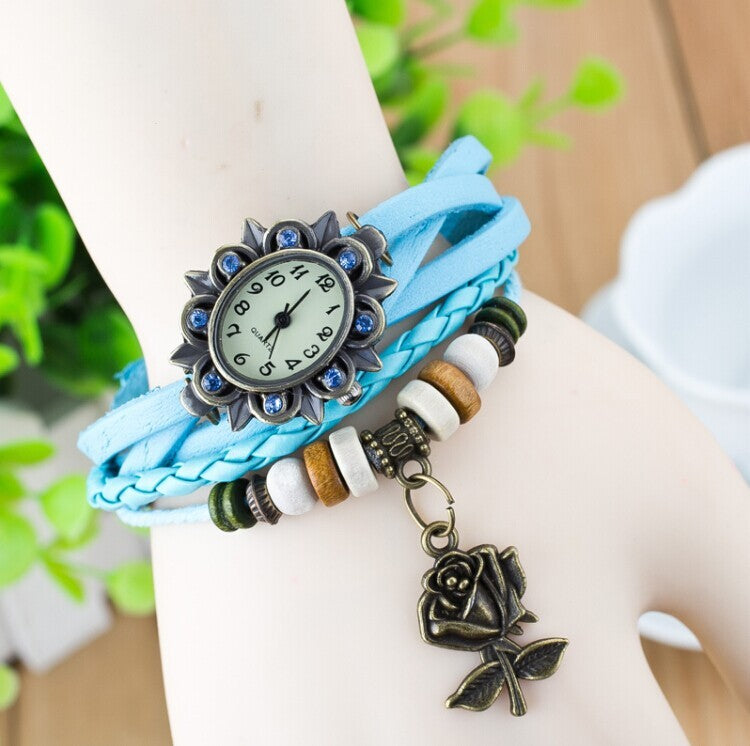 Women's Bracelet Watch – Leather-Wrapped Strap with Butterfly Pendant