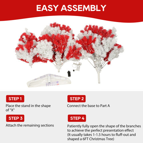 6ft Red & White Artificial Christmas Tree with 300 LED Lights – Holiday Indoor Decor