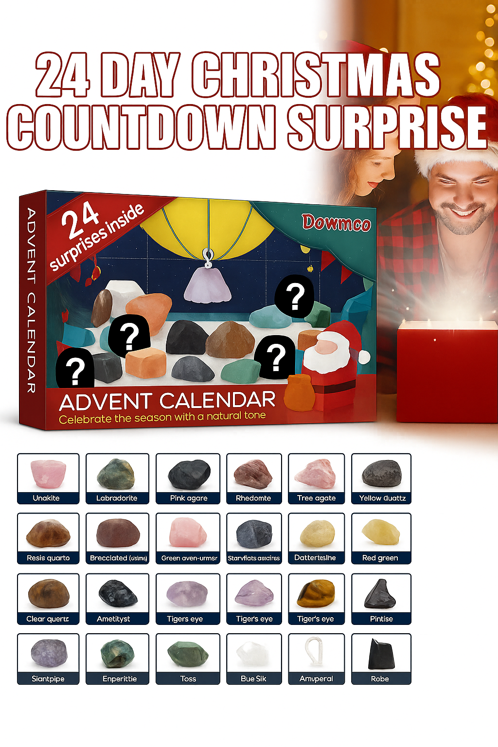 Christmas Countdown Advent Calendar with 24 Natural Stones – Crystal & Mineral Surprise Box – Seasonal Gift for Kids & Adults