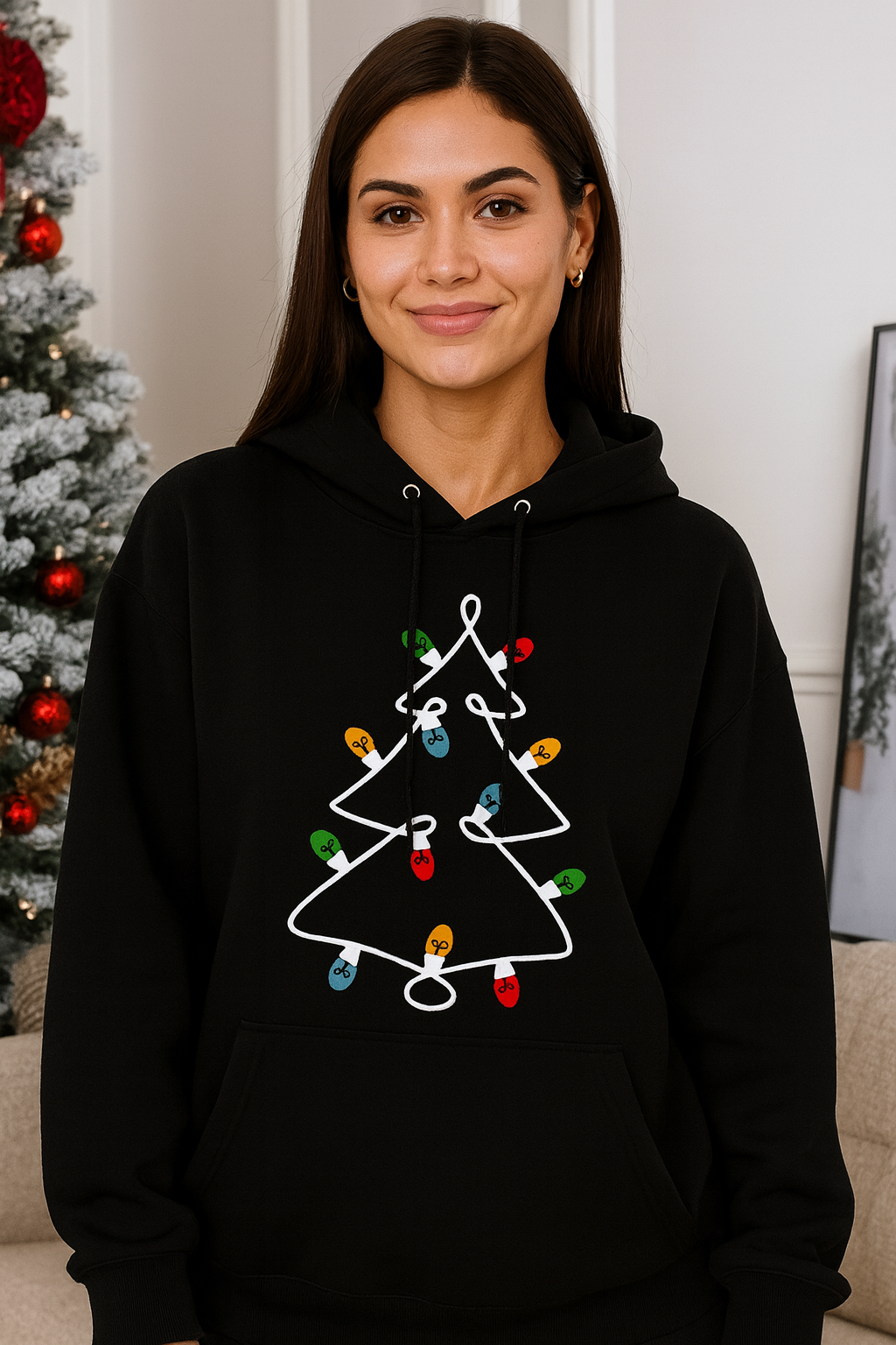 Christmas Tree Lights Hoodie – Cute Holiday Sweatshirt for Women | Cozy Black Christmas Hoodie | Festive Winter Outfit & Gift Idea
